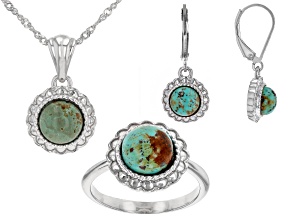 Pre-Owned Green Kingman Turquoise Rhodium Over Silver Ring, Pendant, & Earring Box Set