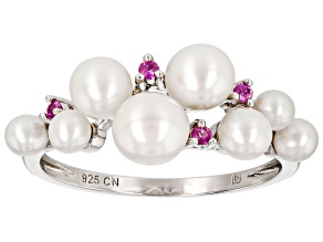 Pre-Owned White Cultured Freshwater Pearl And Pink Sapphire Rhodium Over Sterling Silver Ring