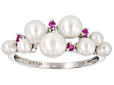 Pre-Owned White Cultured Freshwater Pearl And Pink Sapphire Rhodium Over Sterling Silver Ring