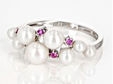 Pre-Owned White Cultured Freshwater Pearl And Pink Sapphire Rhodium Over Sterling Silver Ring