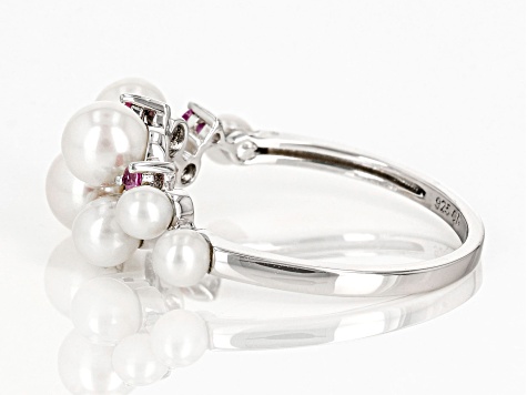 Pre-Owned White Cultured Freshwater Pearl And Pink Sapphire Rhodium Over Sterling Silver Ring