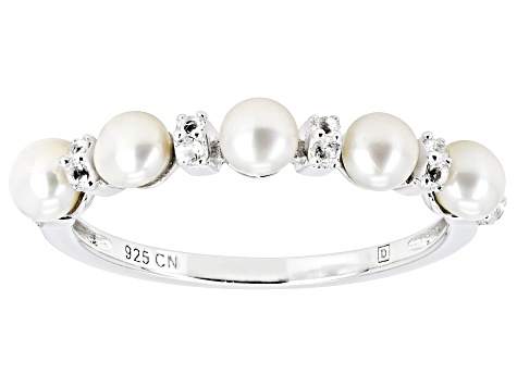 Pre-Owned White Cultured Freshwater Pearl And White Topaz Rhodium Over Sterling Silver Ring