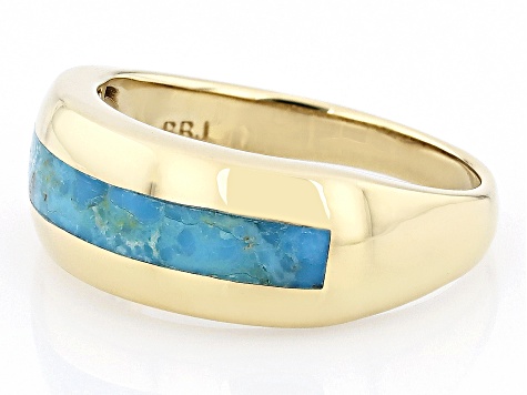 Pre-Owned Blue Turquoise 18k Yellow Gold Over Silver Mens Inlay Ring