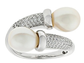 Pre-Owned White Cultured Freshwater Pearl and White Cubic Zirconia Rhodium Over Sterling Silver Ring