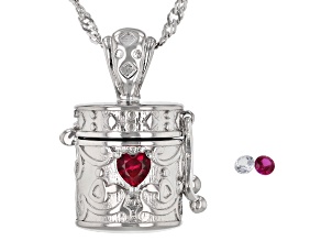 Pre-Owned Red Lab Created Ruby Rhodium Over Silver Childrens Prayer Box Pendant Chain 0.18ctw