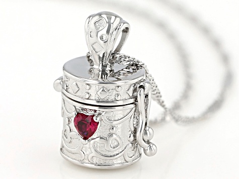 Pre-Owned Red Lab Created Ruby Rhodium Over Silver Childrens Prayer Box Pendant Chain 0.18ctw