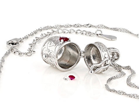 Pre-Owned Red Lab Created Ruby Rhodium Over Silver Childrens Prayer Box Pendant Chain 0.18ctw