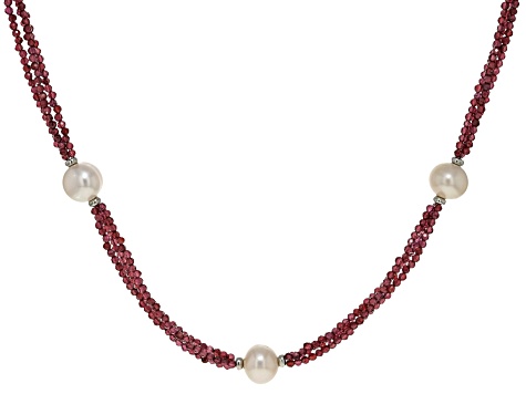 Pre-Owned White Cultured Freshwater Pearl and 35ctw Garnet Rhodium Over Sterling Silver Necklace