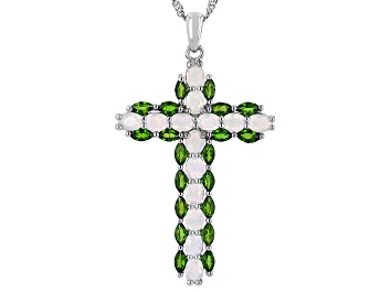 Picture of Pre-Owned Multicolor Ethiopian Opal Rhodium Over Silver Cross Pendant Chain 2.59ctw