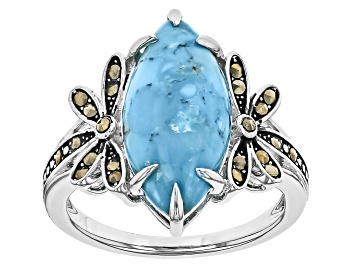 Picture of Pre-Owned Blue Composite Turquoise Rhodium Over Sterling Silver Ring 0.17ctw