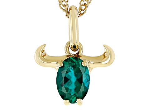 Pre-Owned Green Lab Created Emerald 18k Yellow Gold Over Sterling Silver Taurus Pendant With Chain 0