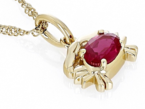 Pre-Owned Red Lab Created Ruby 18k Yellow Gold Over Silver Cancer Pendant With Chain 0.78ct