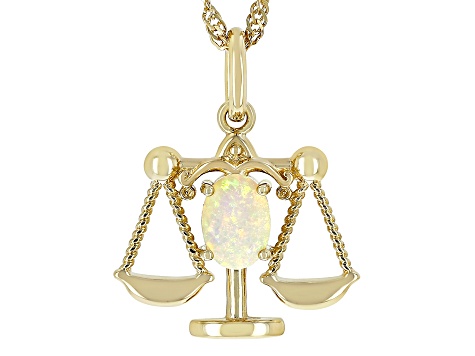 Pre-Owned Multi-Color Ethiopian Opal 18k Yellow Gold Over Silver Libra Pendant With Chain 0.38ct