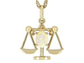 Pre-Owned Multi-Color Ethiopian Opal 18k Yellow Gold Over Silver Libra Pendant With Chain 0.38ct