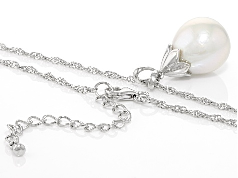 Pre-Owned Genusis™ White Cultured Freshwater Pearl Rhodium Over Sterling Silver Pendant And Chain