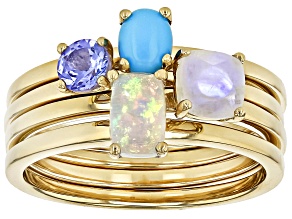 Pre-Owned Multi Stone 18k Yellow Gold Over Sterling Silver 4-Piece Solitaire Ring Set 0.76ctw