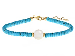 Pre-Owned Blue Sleeping Beauty Turquoise With Cultured Freshwater Pearl 14k Yellow Gold Bracelet