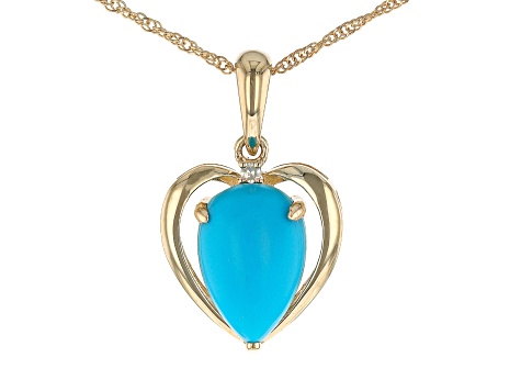 Pre-Owned Sleeping Beauty Turquoise With White Diamond 10k Yellow Gold Pendant With Chain 0.01ct