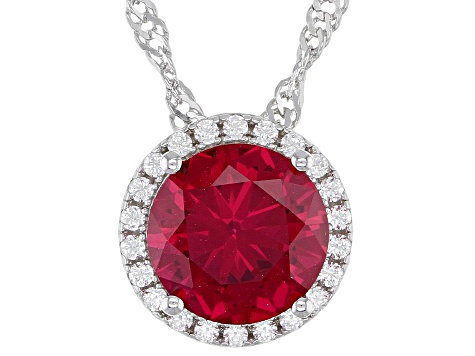 Pre-Owned Lab Created Ruby And White Cubic Zirconia Rhodium Over Sterling Silver Pendant With Chain