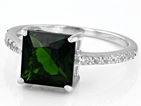 Pre-Owned Green Chrome Diopside With White Zircon Rhodium Over Sterling Silver Ring 2.62ctw