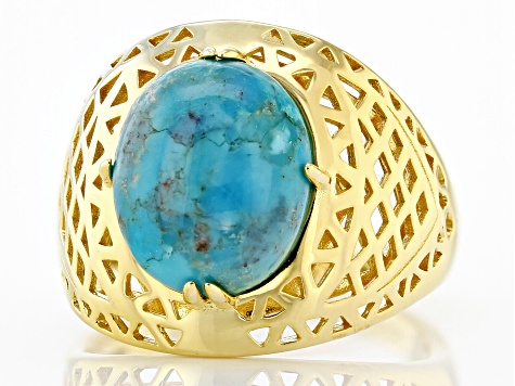 Pre-Owned Blue Turquoise 18k Yellow Gold Over Sterling Silver Ring