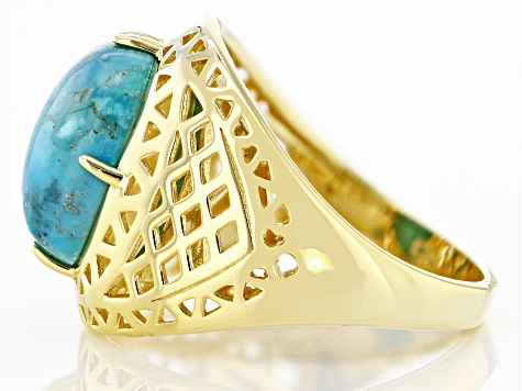 Pre-Owned Blue Turquoise 18k Yellow Gold Over Sterling Silver Ring