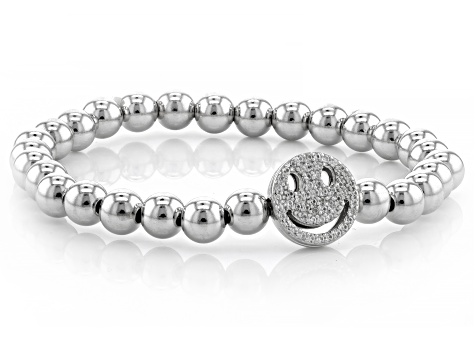 Pre-Owned White Lab Created Sapphire Rhodium Over Sterling Silver Smiley Face Stretch Bracelet .20ct