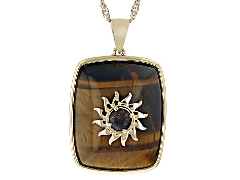 Pre-Owned Tigers Eye and Smoky Quartz 18k Yellow Gold Over Brass Pendant with Chain 0.39ctw
