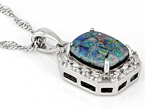 Pre-Owned Multicolor Australian Mosaic Opal Triplet Rhodium Over Sterling Silver Pendant With Chain