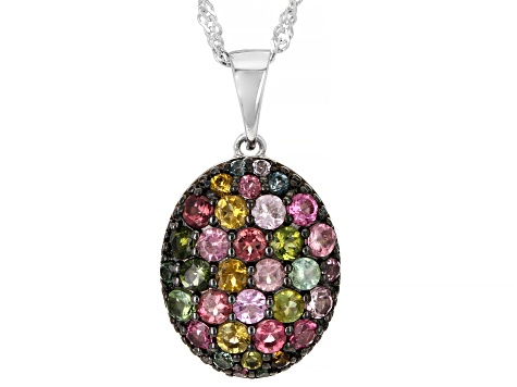 Pre-Owned Multi-Tourmaline Rhodium Over Sterling Silver Pendant With Chain 1.67ctw