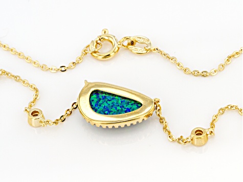 Pre-Owned Blue Lab Created Opal 18k Yellow Gold Over Sterling Silver Necklace 0.39ctw