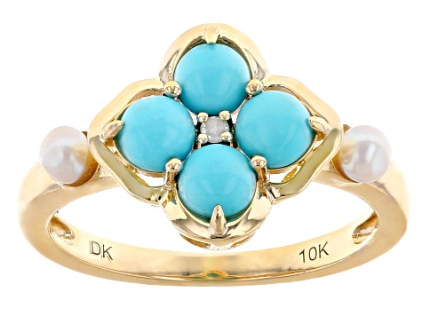 Pre-Owned Blue Sleeping Beauty Turquoise with Cultured Freshwater Pearl 10k Yellow Gold Ring 0.01ct