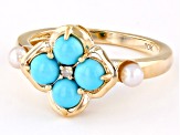 Pre-Owned Blue Sleeping Beauty Turquoise with Cultured Freshwater Pearl 10k Yellow Gold Ring 0.01ct