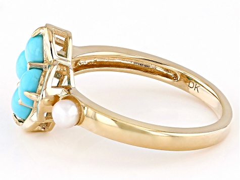 Pre-Owned Blue Sleeping Beauty Turquoise with Cultured Freshwater Pearl 10k Yellow Gold Ring 0.01ct