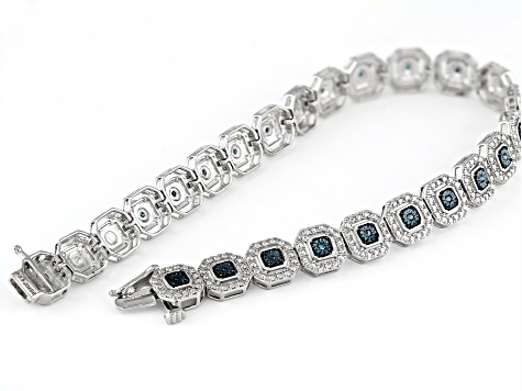Pre-Owned Blue Diamond Rhodium Over Sterling Silver Tennis Bracelet 0.10ctw