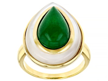Picture of Pre-Owned Green Jadeite With White Mother-Of-Pearl 18k Yellow Gold Over Sterling Silver Ring