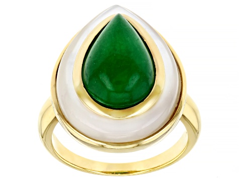 Pre-Owned Green Jadeite With White Mother-Of-Pearl 18k Yellow Gold Over Sterling Silver Ring