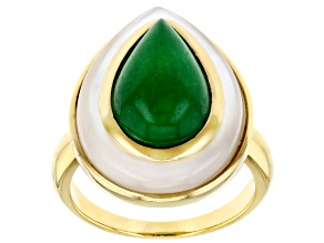 Pre-Owned Green Jadeite With White Mother-Of-Pearl 18k Yellow Gold Over Sterling Silver Ring