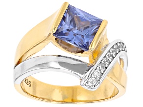 Pre-Owned Blue And White Cubic Zirconia Rhodium And 18k Yellow Gold Over Silver Ring 3.57ctw
