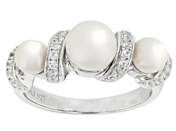 Picture of Pre-Owned White Cultured Freshwater Pearl and White Zircon Rhodium Over Sterling Silver Ring
