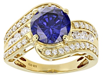 Picture of Pre-Owned Blue And White Cubic Zirconia 18k Yellow Gold Over Sterling Silver Ring 7.00ctw