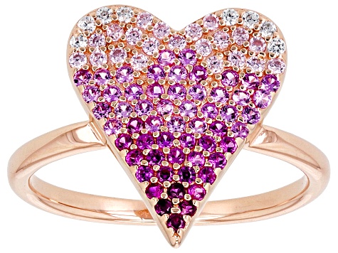 Pre-Owned Multi-Gem Simulants 18k Rose Gold Over Silver Heart Ring 0.80ctw