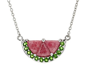 Pre-Owned Red Rhodonite Rhodium Over Sterling Silver Watermelon Necklace 0.29ctw