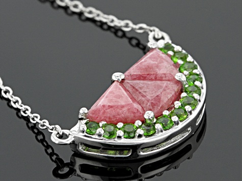 Pre-Owned Red Rhodonite Rhodium Over Sterling Silver Watermelon Necklace 0.29ctw