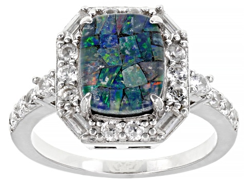 Pre-Owned Multicolor Mosaic Opal Triplet Rhodium Over Sterling Silver Ring 0.40ctw