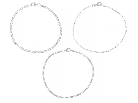 Pre-Owned Sterling Silver 1.6mm Paperclip, 2mm Curb, & 3mm Mirror Link Bracelet Set of 3