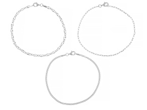 Pre-Owned Sterling Silver 1.6mm Paperclip, 2mm Curb, & 3mm Mirror Link Bracelet Set of 3