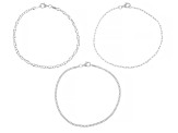 Pre-Owned Sterling Silver 1.6mm Paperclip, 2mm Curb, & 3mm Mirror Link Bracelet Set of 3