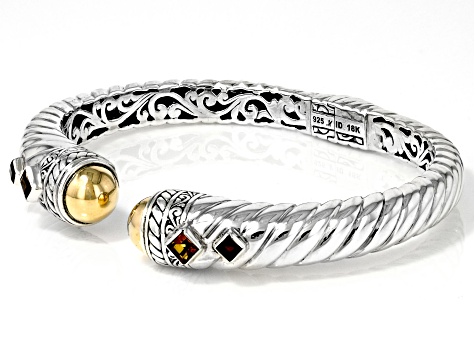 Pre-Owned Madeira Citrine & Garnet Sterling Silver With 18K Yellow Gold Accent Cable Cuff Bracelet 0