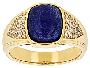 Pre-Owned Blue Lapis Lazuli With White Zircon 18k Yellow Gold Over Sterling Silver Men's Ring 0.43ct